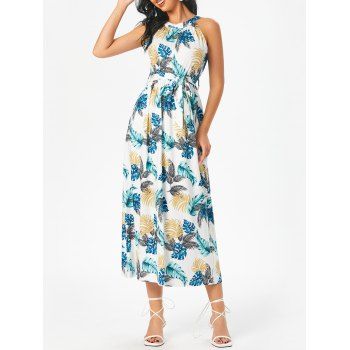 Belted Palm Leaves Print Midi Dress, Multicolor