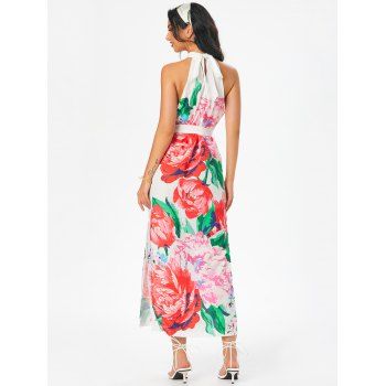 Floral Print Belted Slit Maxi Dress