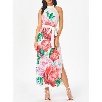 

Floral Print Belted Slit Maxi Dress, Multicolor