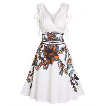 

Summer Vintage Cinched Tie Surplice Baroque Flower Print A Line Dress, White