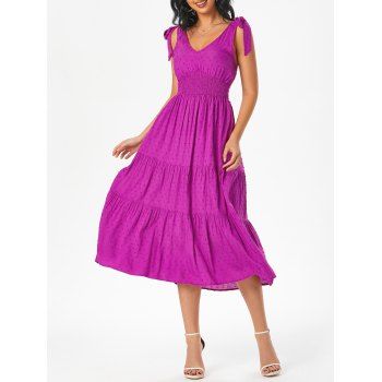 

Swiss Dot Tie Shoulder Smocked Empire Waist Tiered Flowy Midi Dress, Purple