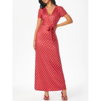 

Polka Dot Belted Maxi Surplice Dress, Red