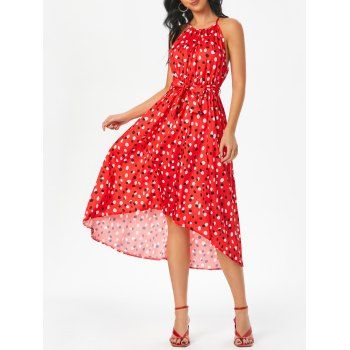 

Belted Contrast Spotted Print High Low Dress, Red