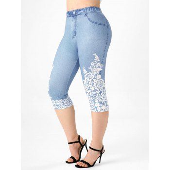 

Plus Size 3D Denim Lace Print Capri Jeggings, Light blue