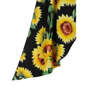 Allover Sunflower Print Cold Shoulder Cutout Ruffle Overlap Dress