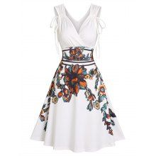 dresslily Summer Vintage Cinched Tie Surplice Baroque Flower Print A Line Dress