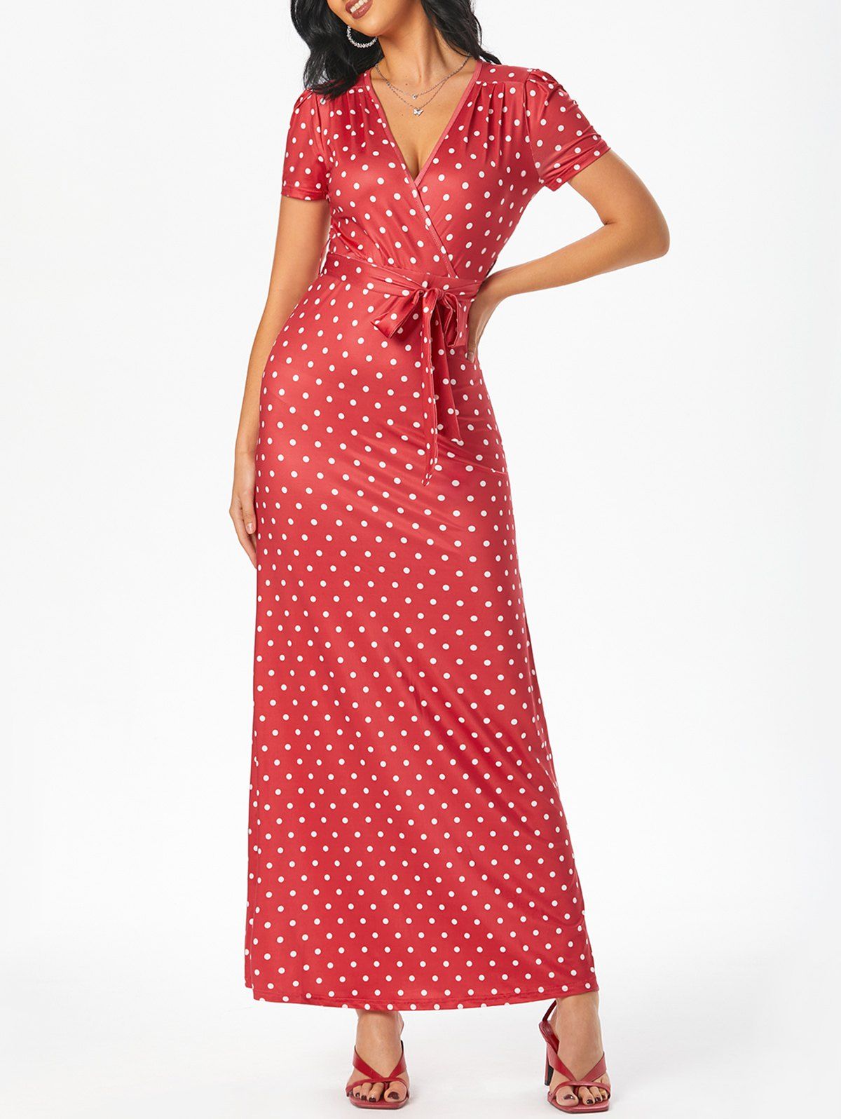 Polka Dot Belted Maxi Surplice Dress - RED 2XL