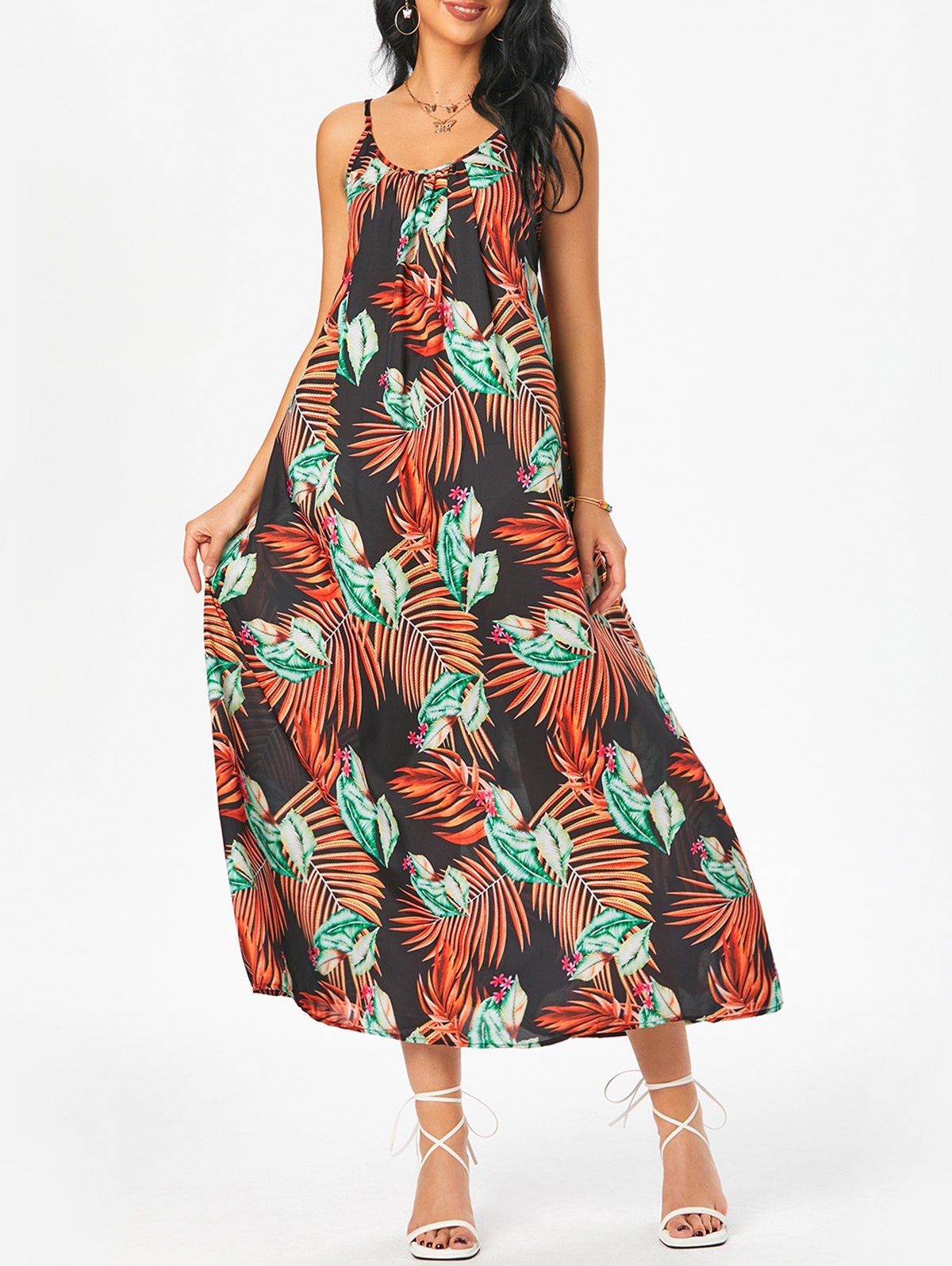 Cami Floral Leaves Print Swing Maxi Dress - multicolor XXL