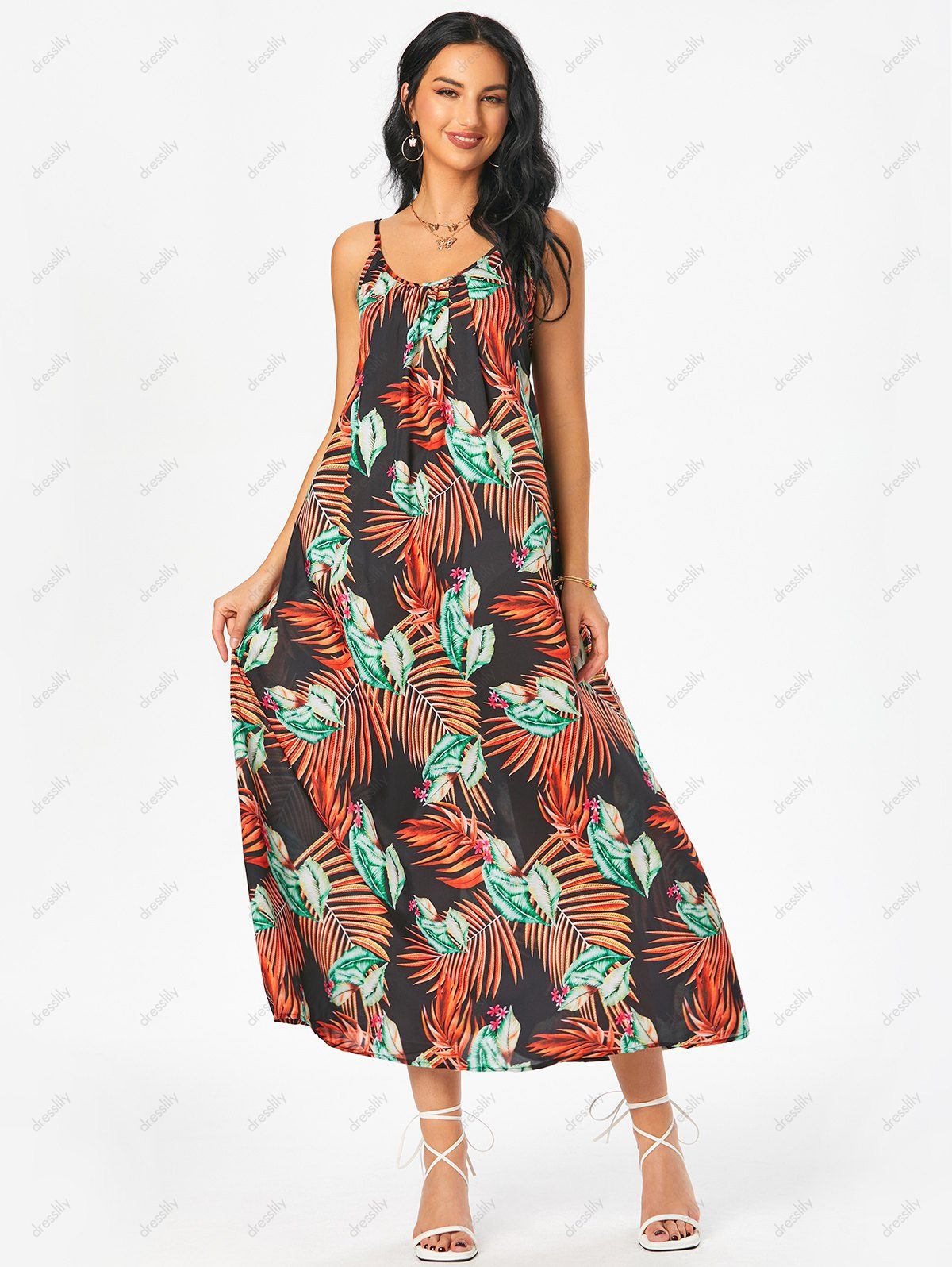 Cami Floral Leaves Print Swing Maxi Dress 