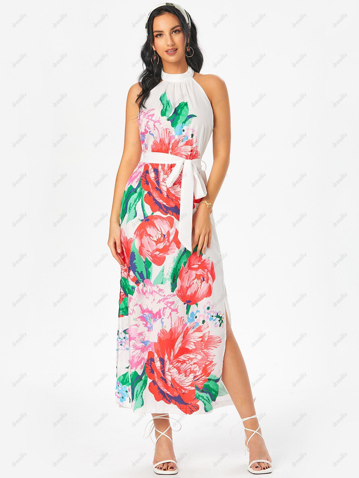 Flower Print Vacation Dress High Neck Belted Maxi Dress Side Slit Long Dress 