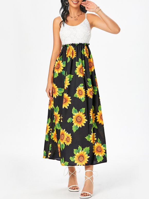Backless Sunflower Sundress Crochet Summer Long Cami Dress - BLACK M