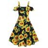 Allover Sunflower Print Cold Shoulder Cutout Ruffle Overlap Dress - BLACK XL