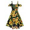Allover Sunflower Print Cold Shoulder Cutout Ruffle Overlap Dress - BLACK XL