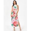 Flower Print Vacation Dress High Neck Belted Maxi Dress Side Slit Long Dress - multicolor M