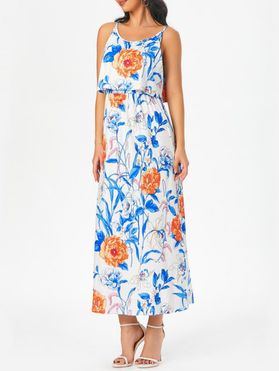 Bohemian Vacation Dress Flower Print Maxi Sundress Layer Adjustable Strap Backless Long Dress