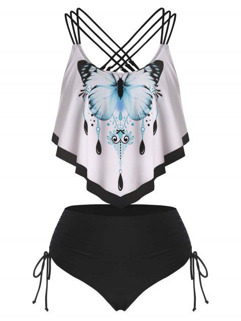 Gothic Butterfly Tankini Swimsuit Crisscross Cinched Flounce Swimwear Set