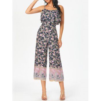 

Paisley Print Flounce Overlay Wide Leg Jumpsuit, Multicolor