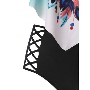 Flower Feather Print Flounce Tankini Swimsuit