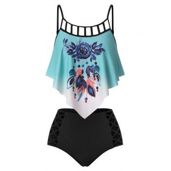 

Flower Feather Print Flounce Tankini Swimsuit, Green