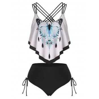 

Gothic Butterfly Tankini Swimsuit Crisscross Cinched Flounce Swimwear Set, White