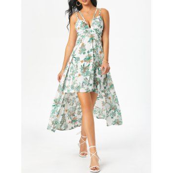 

Cross Flower Print Asymmetrical Overlay Cami Dress, Green