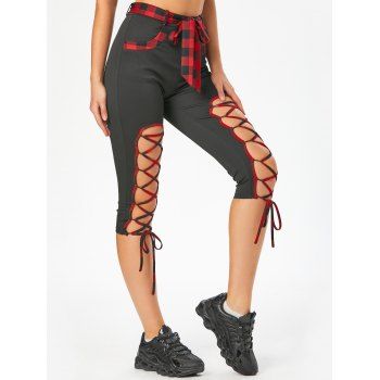 Plaid Lace Up Crop Leggings, Black