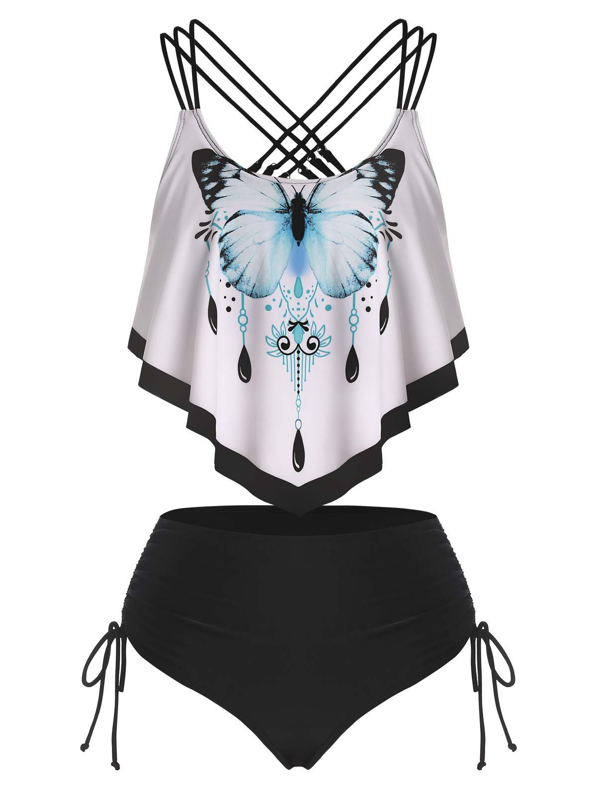 Gothic Butterfly Tankini Swimsuit Crisscross Cinched Flounce Swimwear Set - WHITE XXL