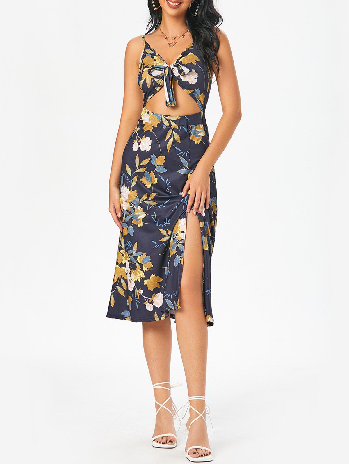Floral Print Sundress Tied Cut Out Slit Midi Dress - DEEP BLUE L