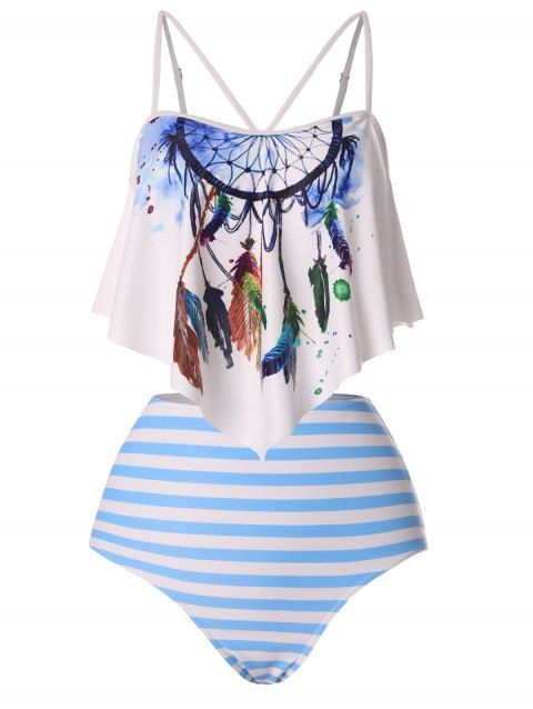 Dreamcatcher Feather Flounce Top And Striped Bottoms Swimsuit