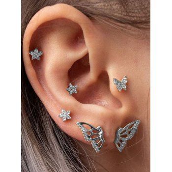 

6Pcs Butterfly Star Rhinestone Stud Earrings Set, Silver