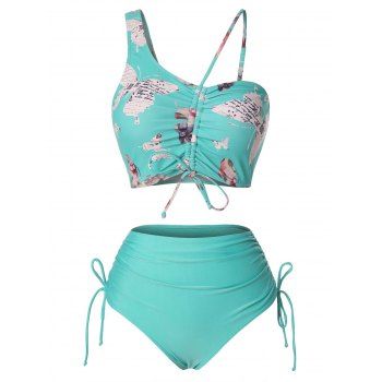 

Asymmetrical Butterfly Print Cinched Tie Bikini Swimwear, Green