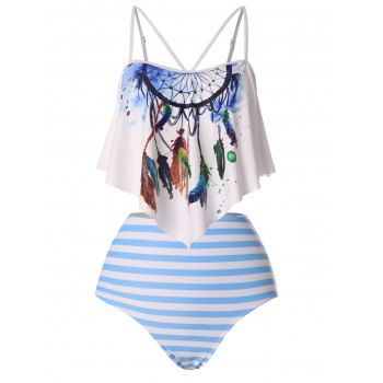 

Dreamcatcher Feather Flounce Top And Striped Bottoms Swimsuit, White