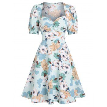 

Puff Sleeve Flower Print Milkmaid Dress, Light blue