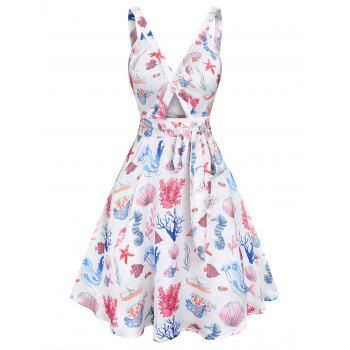 

Allover Marine Life Print Vacation Mini Dress Crossover V Neck Cutout Bowknot Belt A Line Dress, White