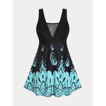 

Plus Size & Curve Padded Paisley Mesh Panel Tankini Swimsuit, Multicolor