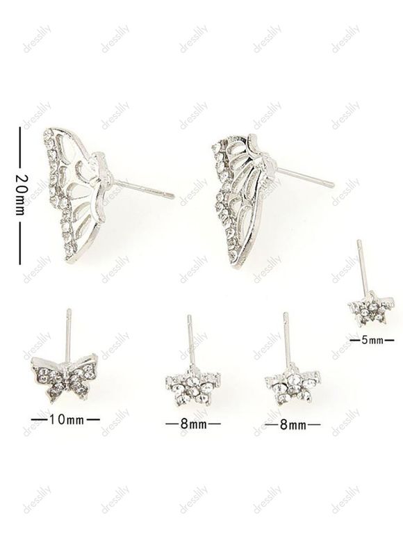6 Pièces Ensemble de Boucles D'Oreilles Etoile Papillon avec Strass - Argent 