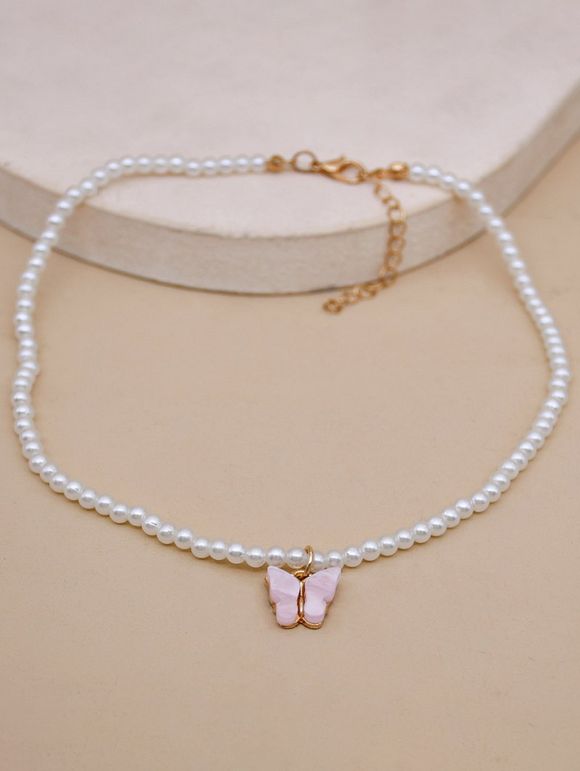 Collier Ras-du-cou Motif de Papillon avec Perle Artificielle - Rose clair 