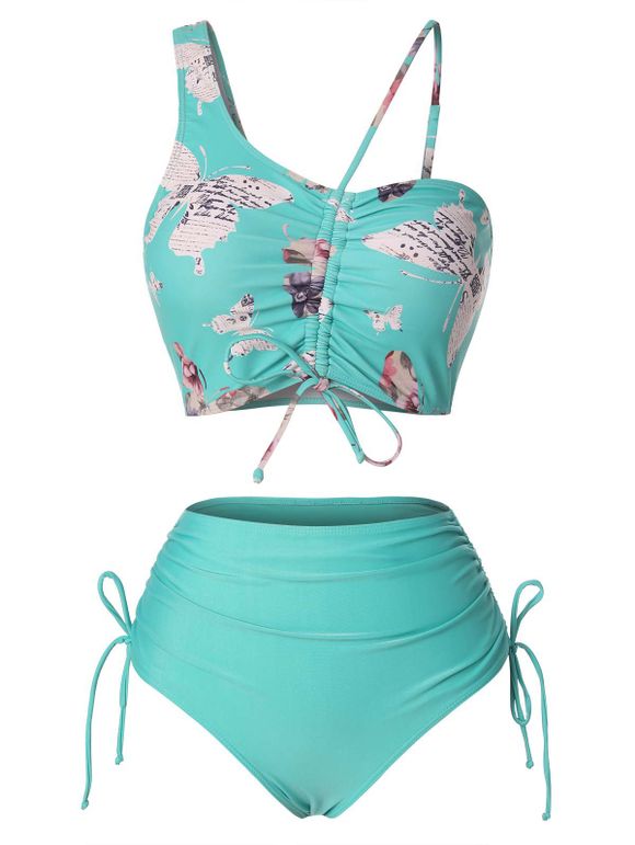 Asymmetrical Butterfly Print Cinched Tie Bikini Swimwear - GREEN XXL