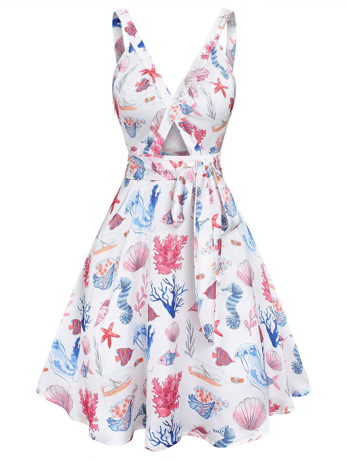 Allover Marine Life Print Vacation Mini Dress Crossover V Neck Cutout Bowknot Belt A Line Dress - WHITE XXL