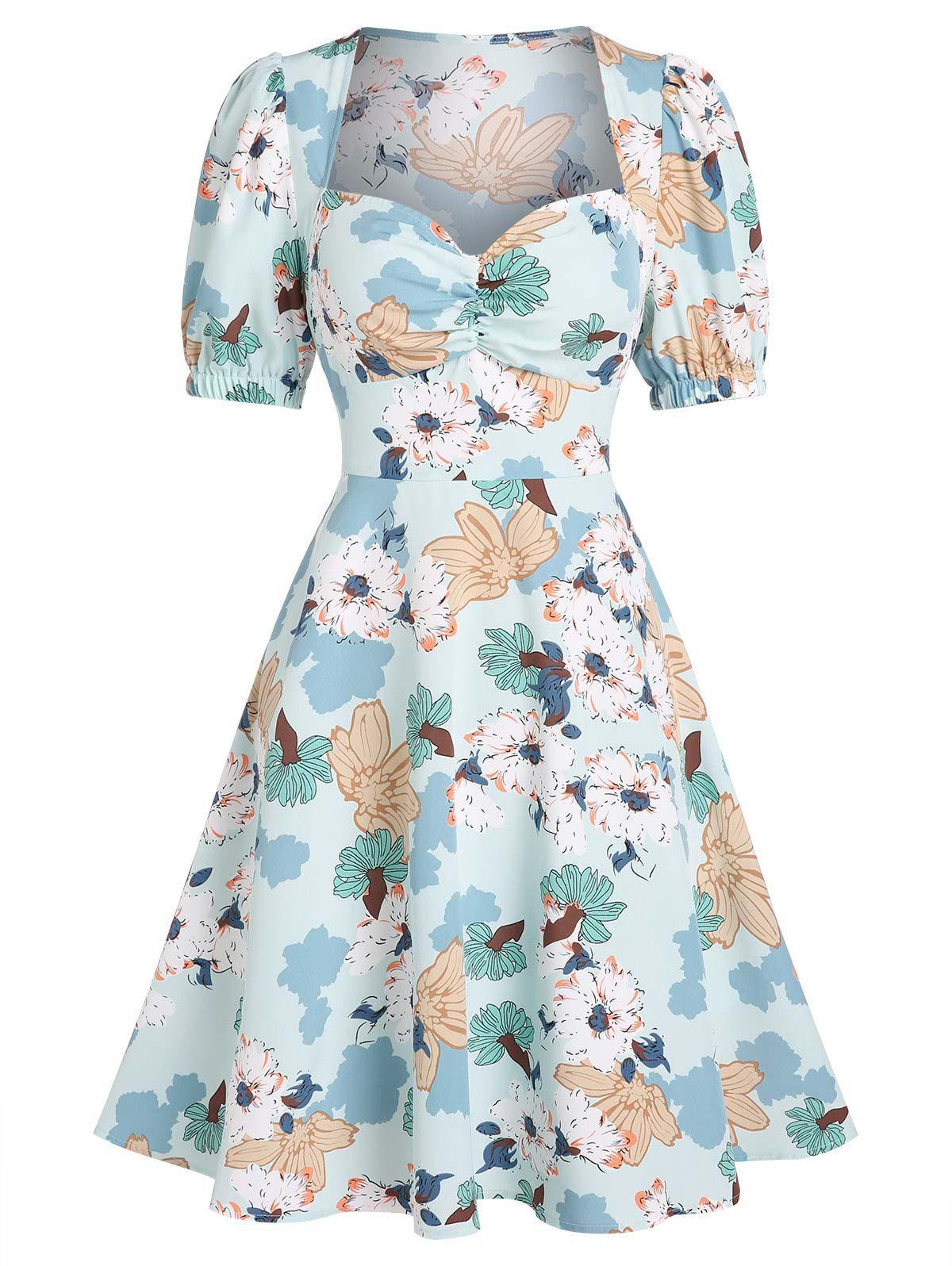 Puff Sleeve Flower Print Milkmaid Dress - LIGHT BLUE XXXL