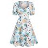 Puff Sleeve Flower Print Milkmaid Dress - LIGHT BLUE XXXL