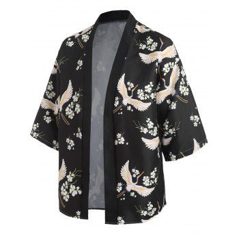 

Floral Bird Print Open Front Kimono Shirt, Black