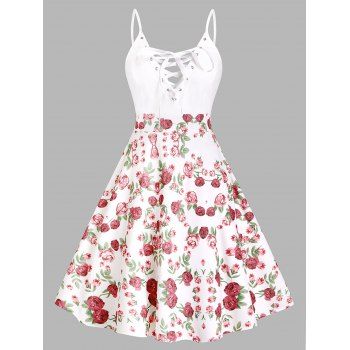 

Flower Print Cottagecore A Line Dress Lace Up Spaghetti Strap Cami Dress, Light pink