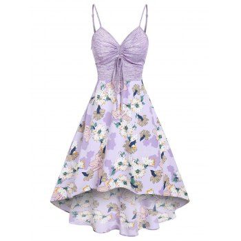 Flower Space Dye Print Vacation High Low Dress Cinched Ruched A Line Combo Dress Adjustable Shoulder Straps Midi Dress