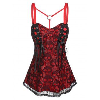 

Lace Up Skull Lace Overlay Gothic Tank Top, Red