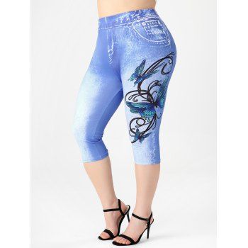 

Plus Size & Curve Butterfly 3D Print Capri Jeggings, Blue