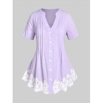 

Plus Size & Curve Contrast Lace Panel V Neck Shirt, Light purple