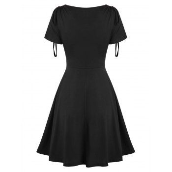 Draped Cowl Front Mini Dress Ruched O Ring Knotted Short Sleeve A Line Dress Cinched Shoulder Grecian Style Vintage Dress 