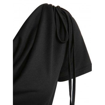 Draped Cowl Front Mini Dress Ruched O Ring Knotted Short Sleeve A Line Dress Cinched Shoulder Grecian Style Vintage Dress 