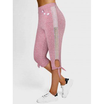 

Floral Lace Trim Cut Out Heathered Capri Leggings, Light pink